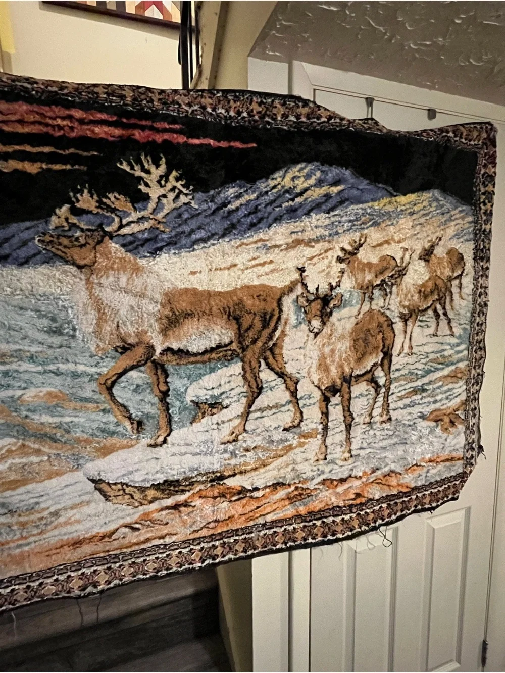 Vintage Velvet Tapestry Wall Hanging Carpet reindeer Deer Wildlife sunset